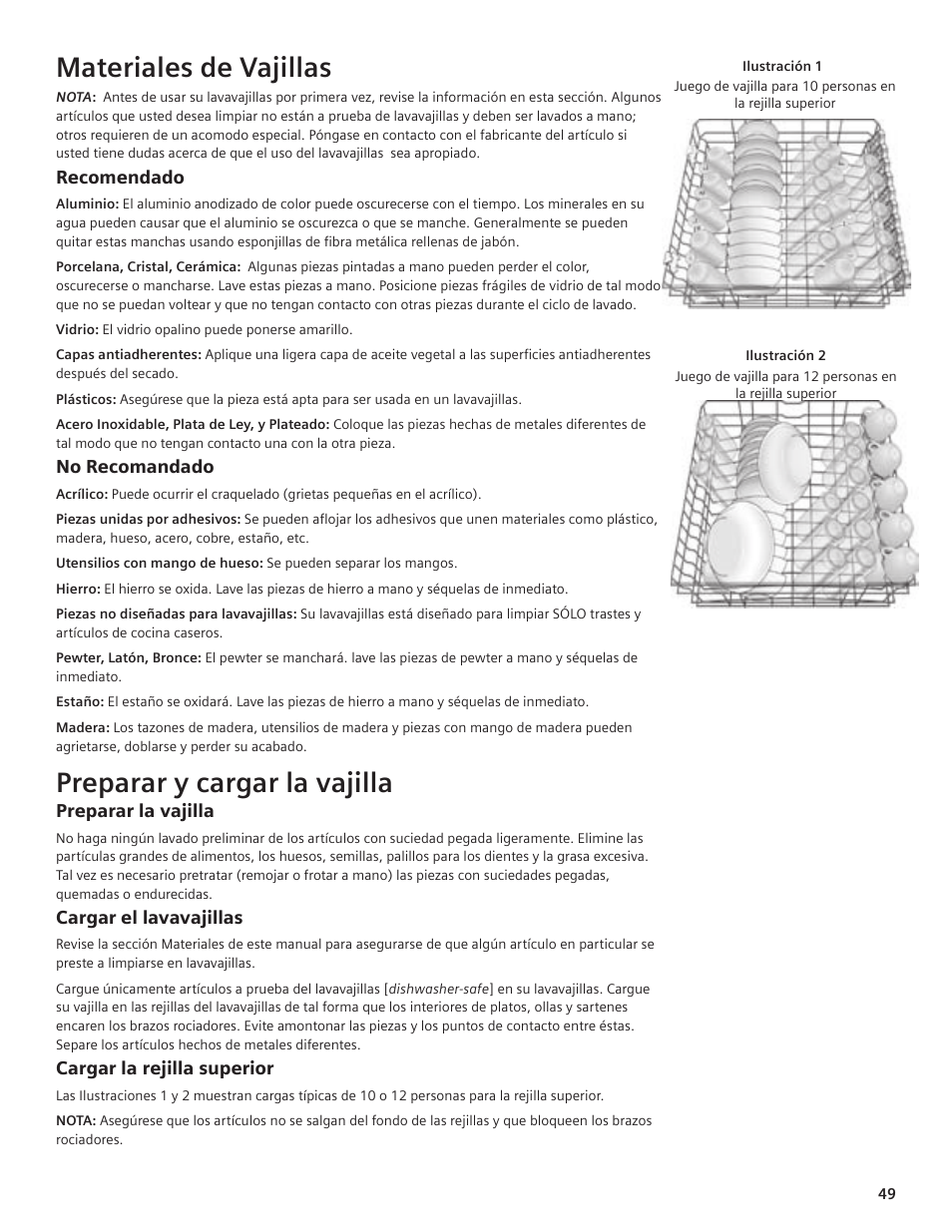 Materiales de vajillas, Preparar y cargar la vajilla | Siemens hiDefinition 48 dBA Dishwasher User Manual | Page 49 / 64