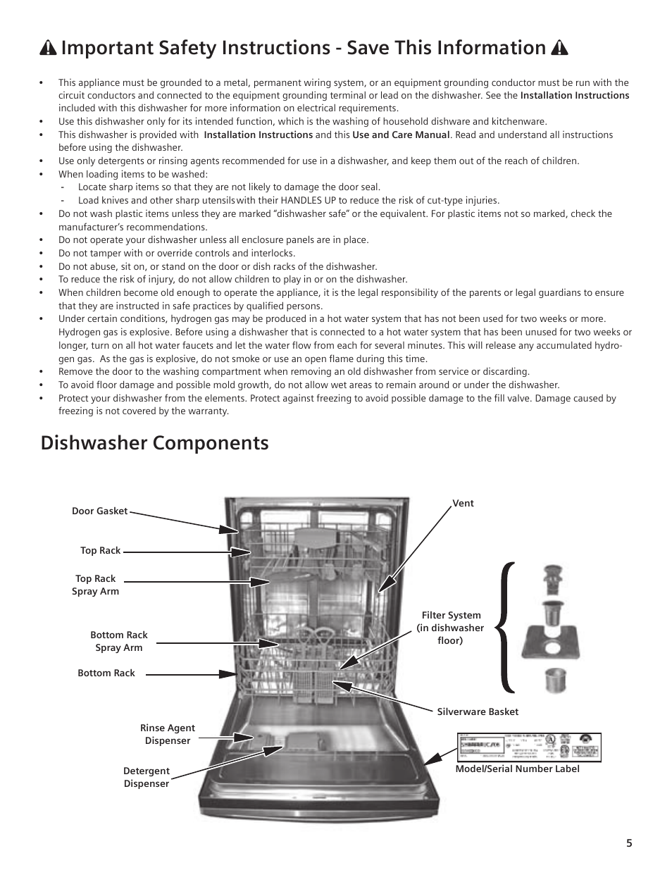 Dishwasher components | Siemens hiDefinition 48 dBA Dishwasher User Manual | Page 5 / 64