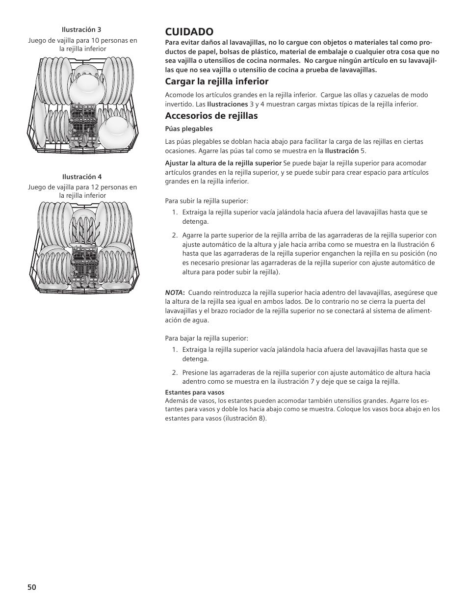 Cuidado, Cargar la rejilla inferior, Accesorios de rejillas | Siemens hiDefinition 48 dBA Dishwasher User Manual | Page 50 / 64