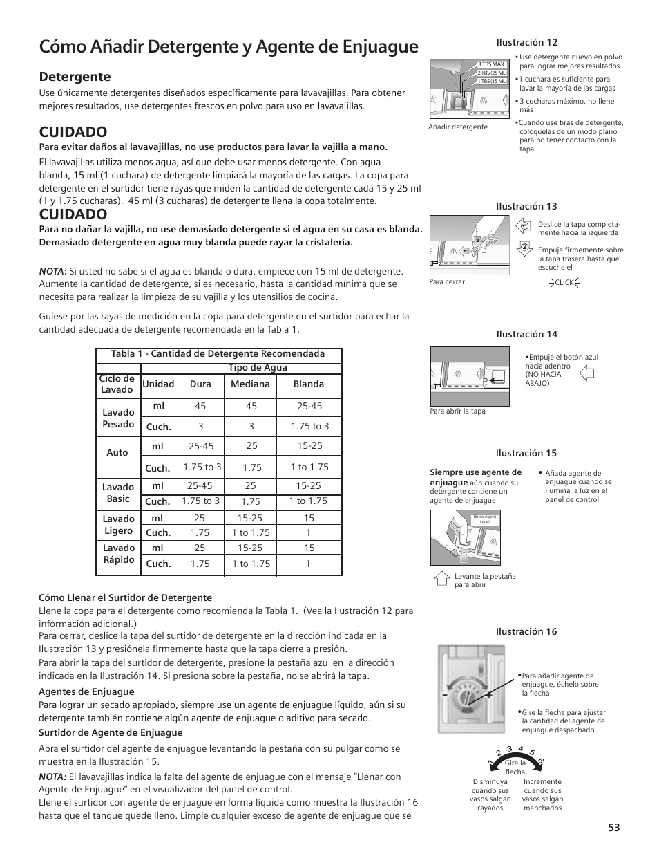Cómo añadir detergente y agente de enjuague, Cuidado, Detergente | Siemens hiDefinition 48 dBA Dishwasher User Manual | Page 53 / 64