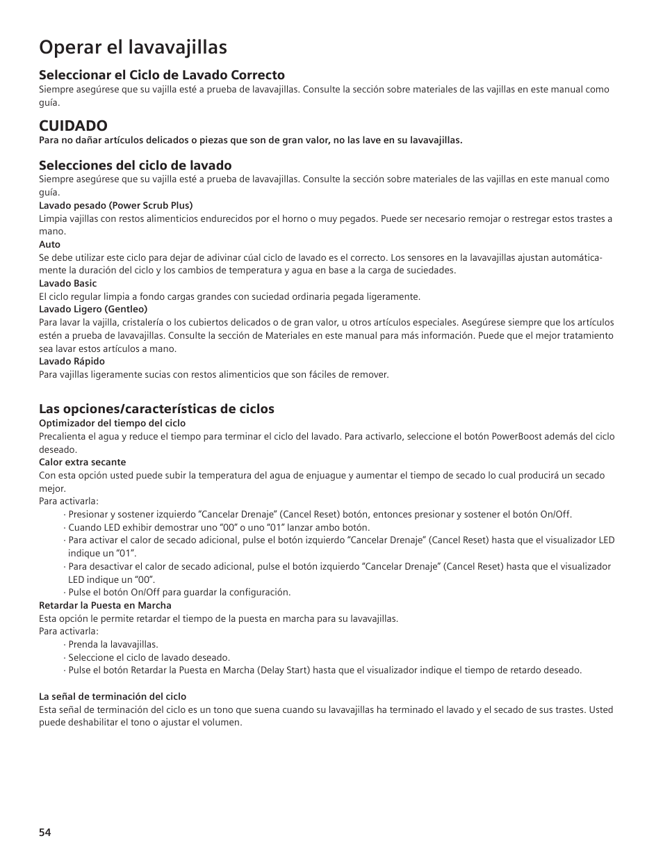 Operar el lavavajillas, Cuidado | Siemens hiDefinition 48 dBA Dishwasher User Manual | Page 54 / 64