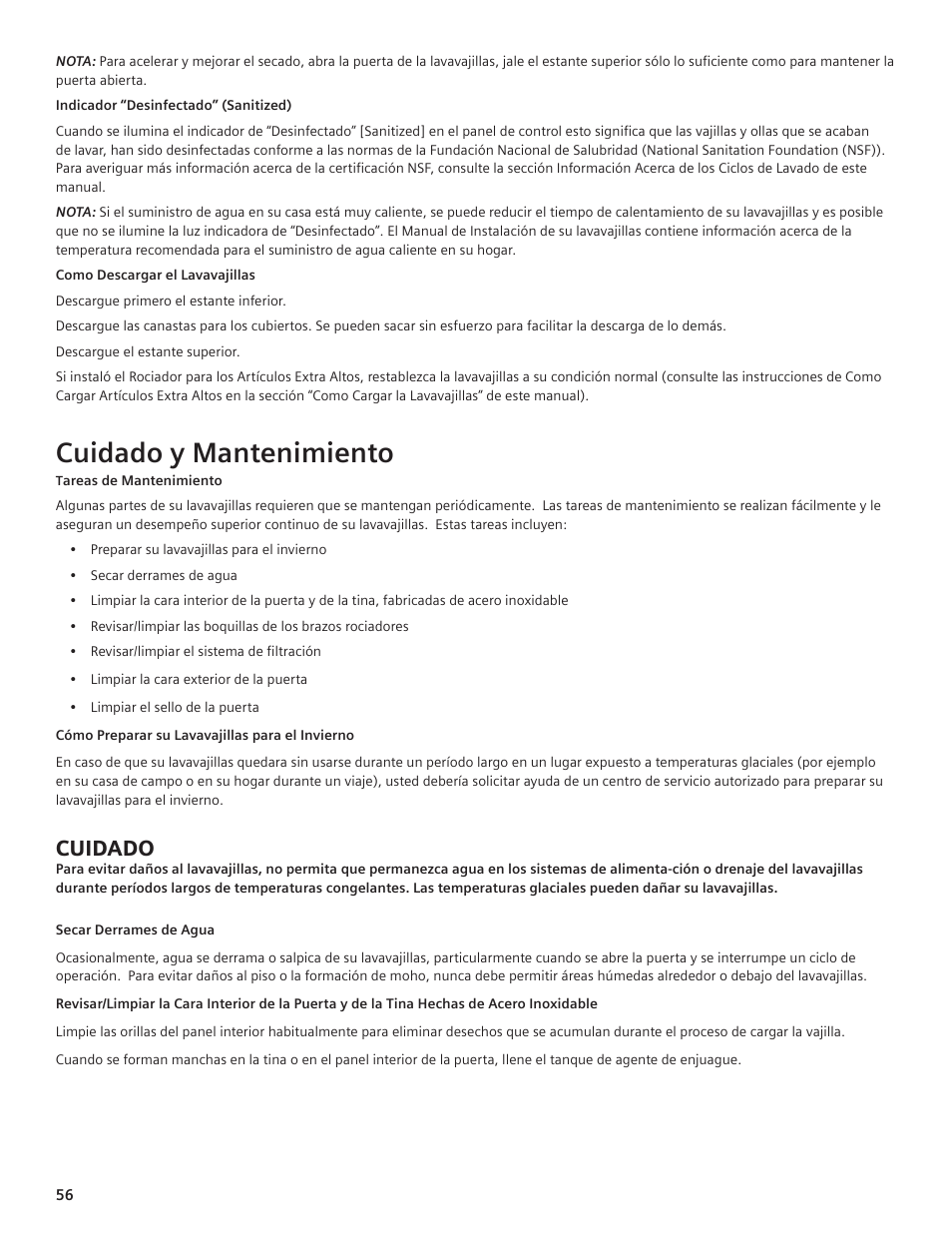 Cuidado y mantenimiento, Cuidado | Siemens hiDefinition 48 dBA Dishwasher User Manual | Page 56 / 64