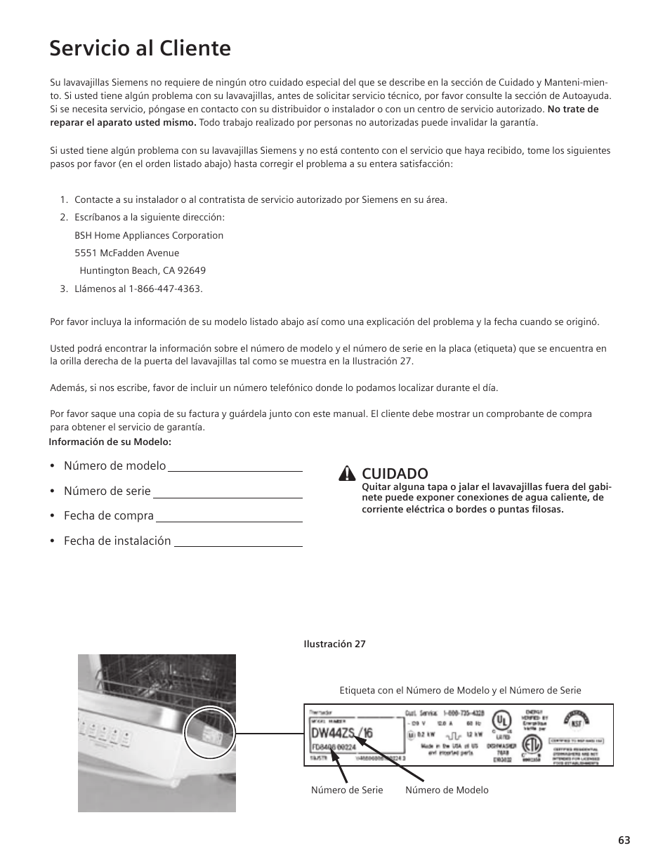 Servicio al cliente, Cuidado | Siemens hiDefinition 48 dBA Dishwasher User Manual | Page 63 / 64