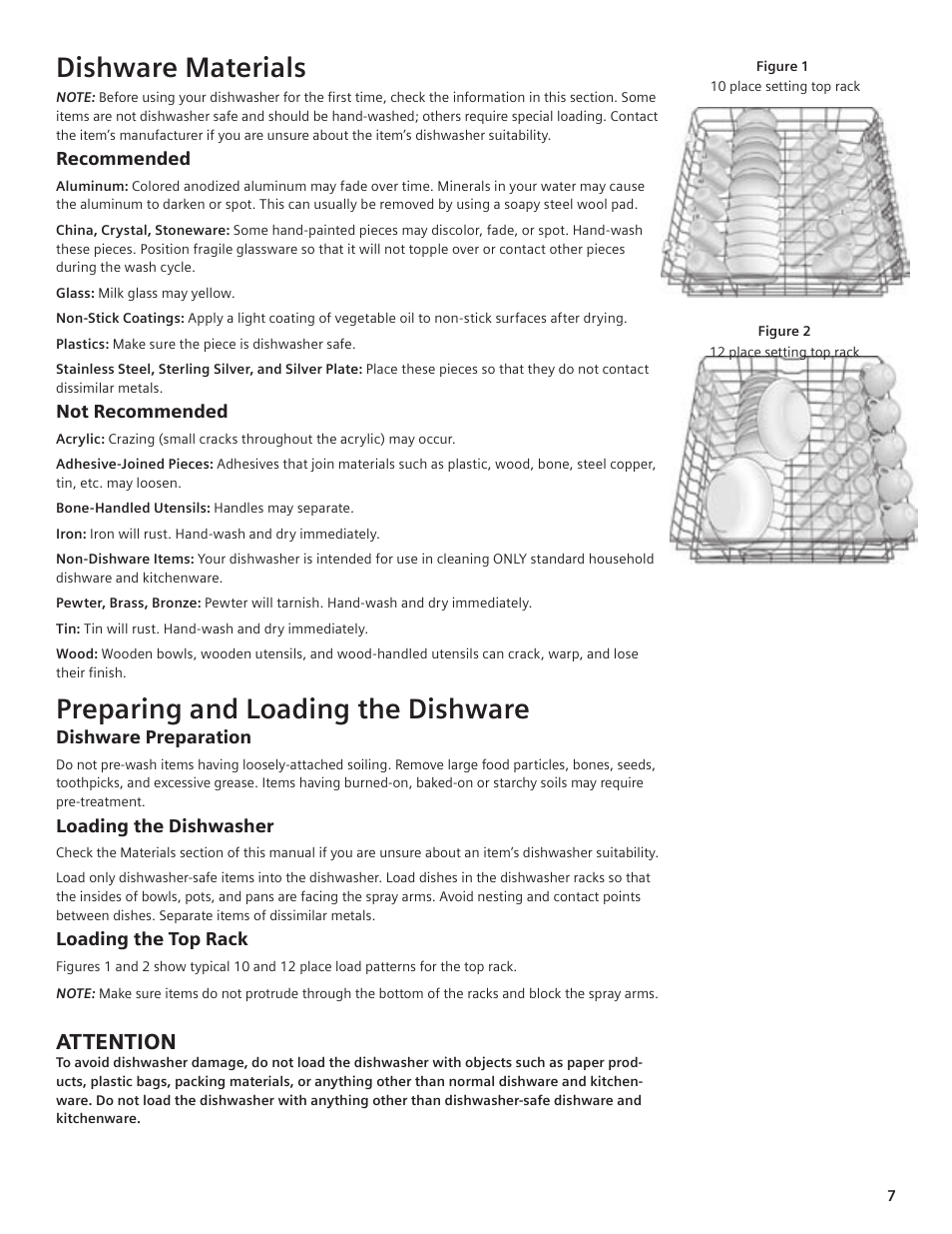 Dishware materials, Preparing and loading the dishware, Attention | Siemens hiDefinition 48 dBA Dishwasher User Manual | Page 7 / 64