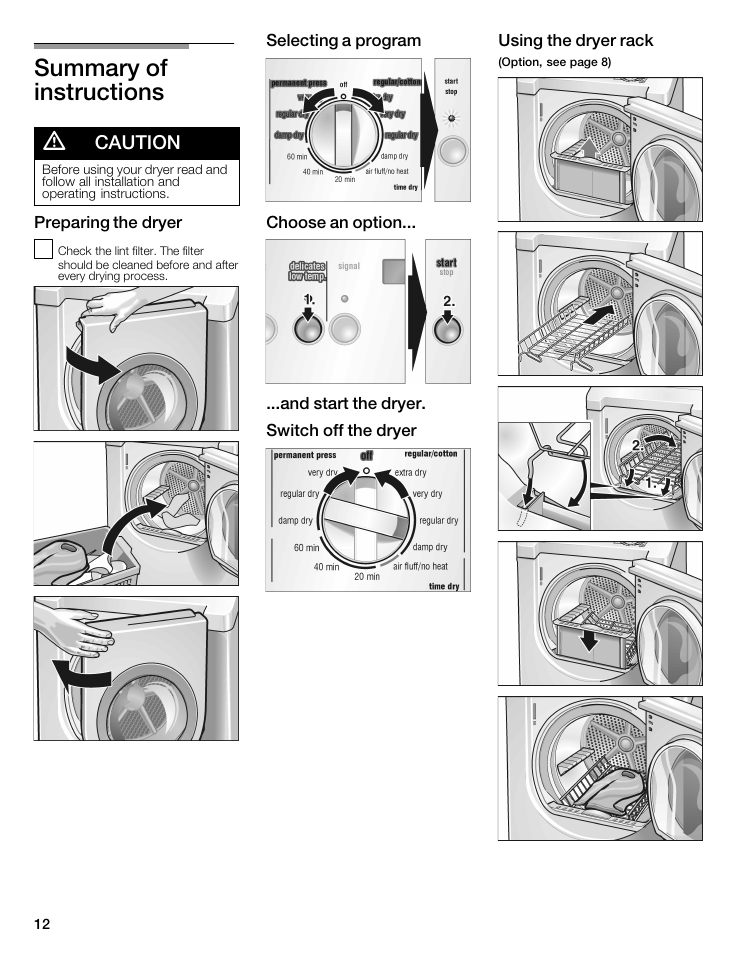 Summary of instructions d, Caution | Siemens 27 Electric Dryer User Manual | Page 12 / 64