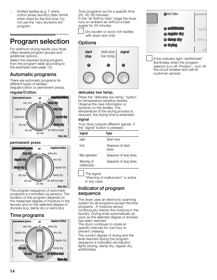 Program selection, Automatic programs, Time programs | Options, Indicator of program sequence | Siemens 27 Electric Dryer User Manual | Page 14 / 64