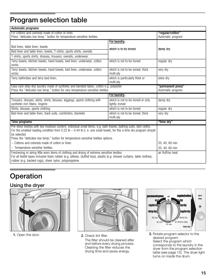 Program selection table, Operation, Using the dryer | Siemens 27 Electric Dryer User Manual | Page 15 / 64