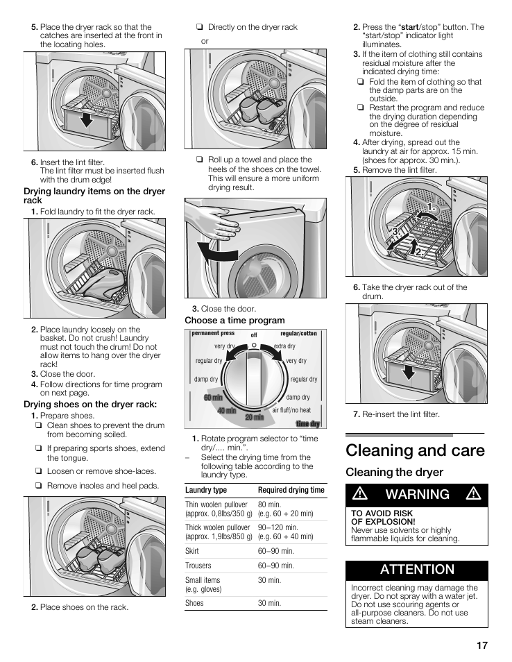 Cleaning and care, Warning, Attention | Cleaning the dryer | Siemens 27 Electric Dryer User Manual | Page 17 / 64