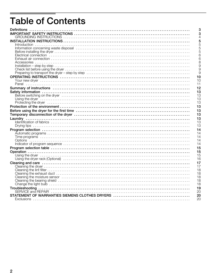 Siemens 27 Electric Dryer User Manual | Page 2 / 64