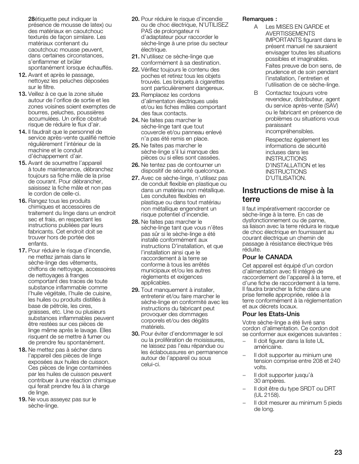 Instructions de mise à la terre | Siemens 27 Electric Dryer User Manual | Page 23 / 64