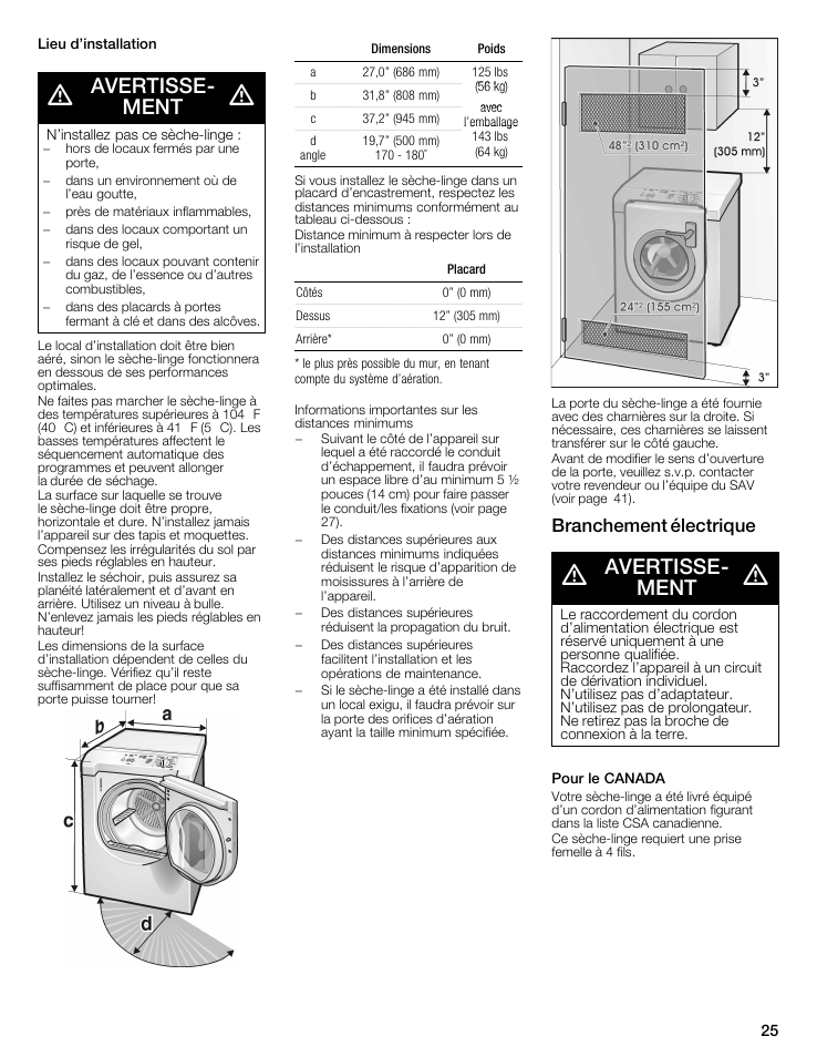 Avertisseć ment, Branchement électrique | Siemens 27 Electric Dryer User Manual | Page 25 / 64