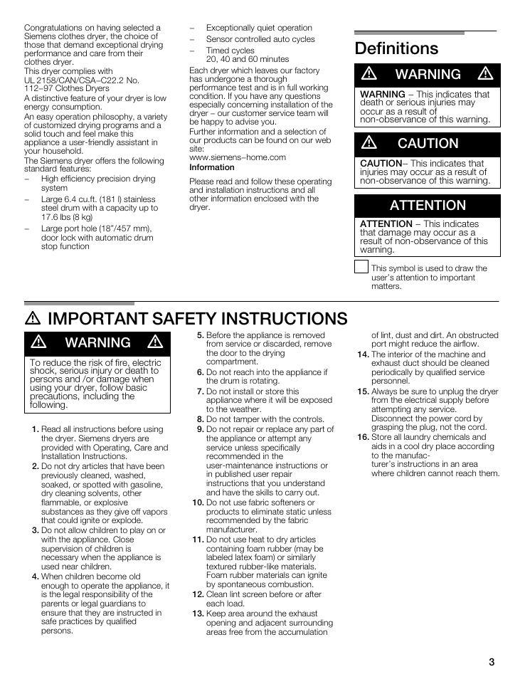 Definitions d, D important safety instructions d, Warning | Caution, Attention | Siemens 27 Electric Dryer User Manual | Page 3 / 64