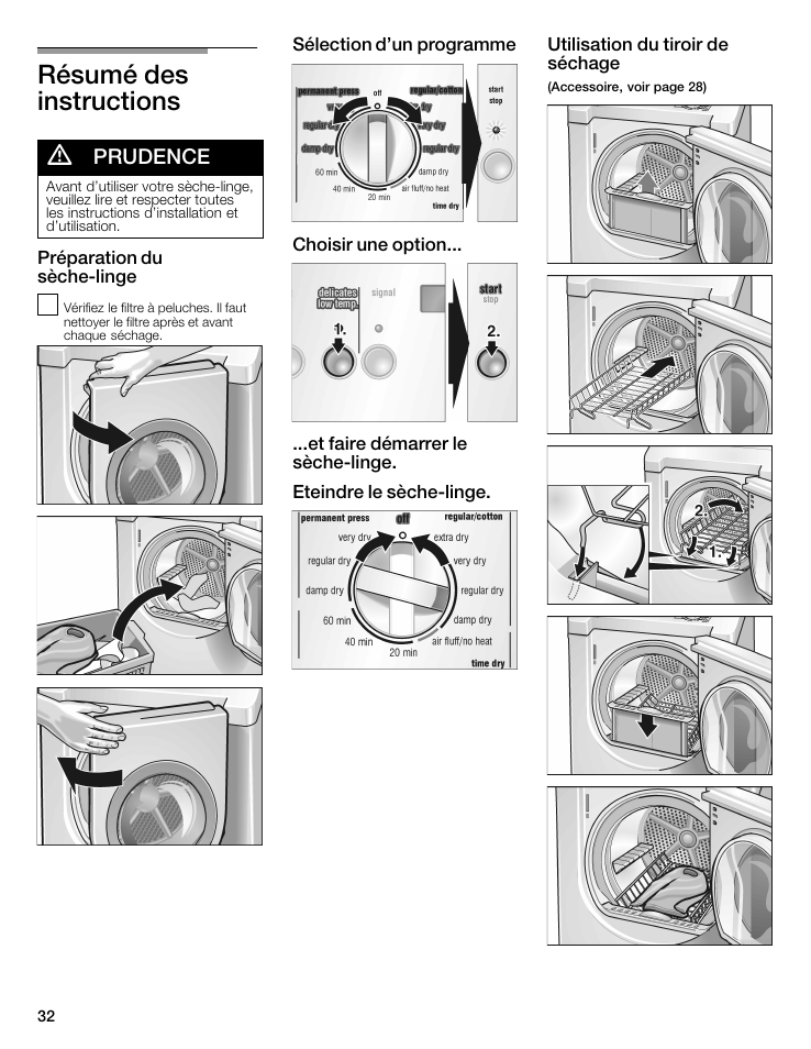 Résumé des instructions d, Prudence | Siemens 27 Electric Dryer User Manual | Page 32 / 64