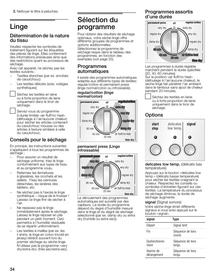 Linge, Sélection du programme, Détermination de la nature du tissu | Conseils pour le séchage, Programmes automatiques, Programmes assortis d'une durée, Options | Siemens 27 Electric Dryer User Manual | Page 34 / 64