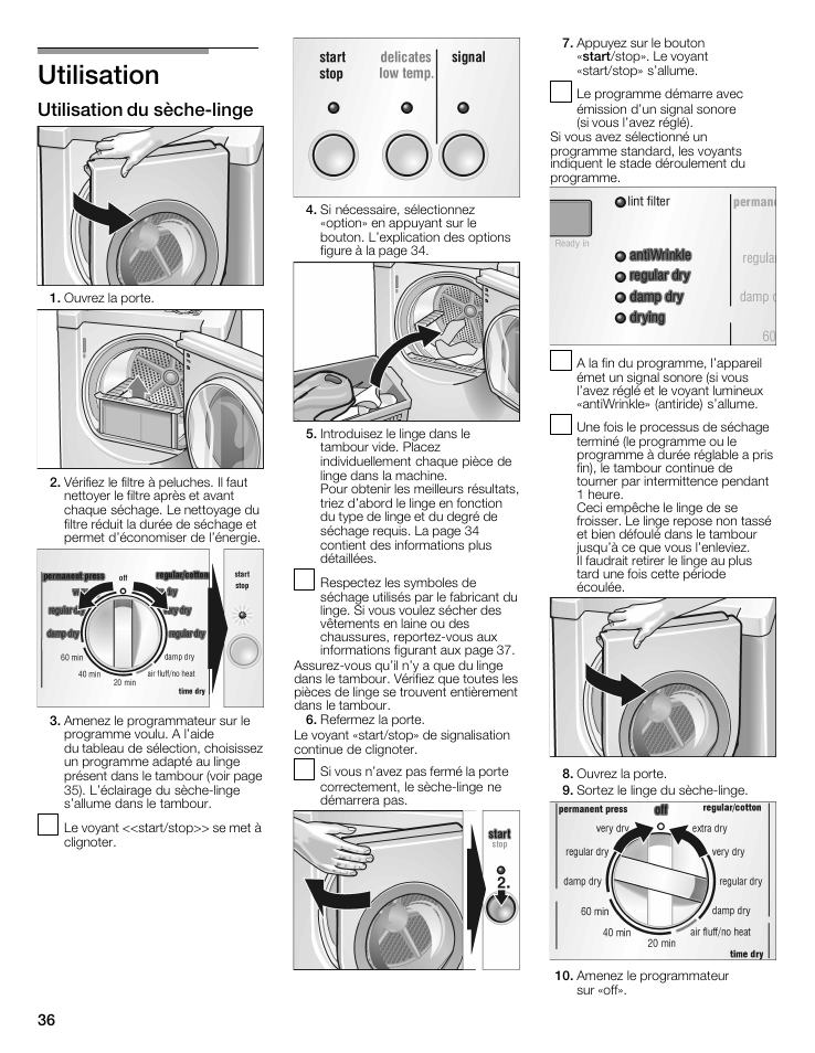 Utilisation, Utilisation du sèchećlinge | Siemens 27 Electric Dryer User Manual | Page 36 / 64