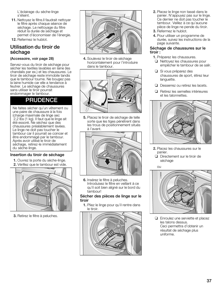 Prudence, Utilisation du tiroir de séchage | Siemens 27 Electric Dryer User Manual | Page 37 / 64