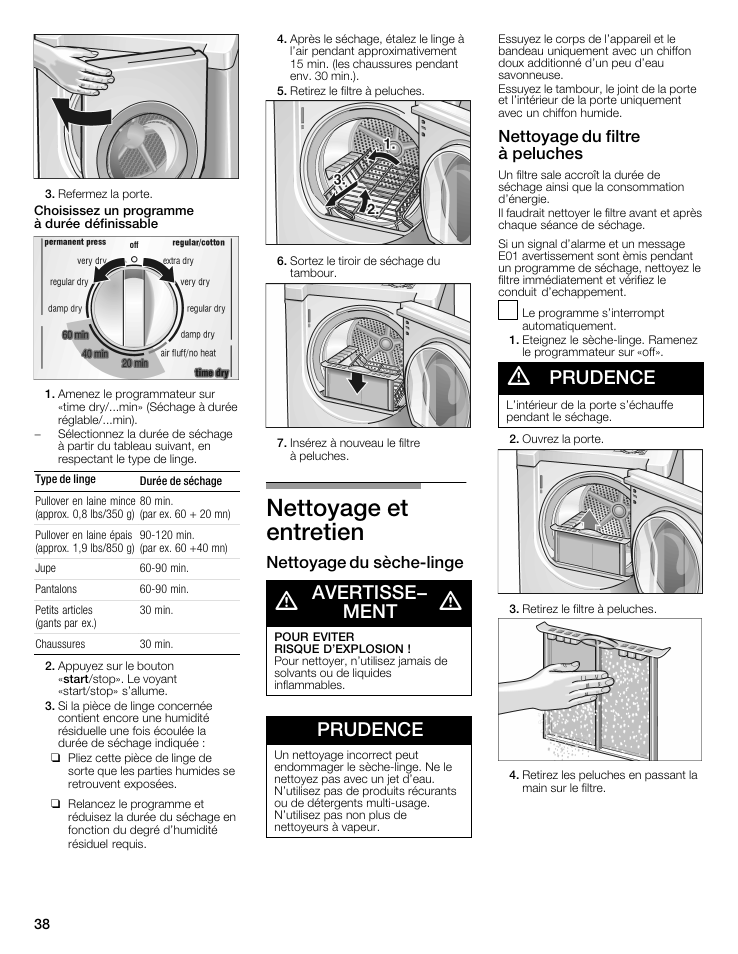 Nettoyage et entretien, Avertisse- ment, Prudence | Nettoyage du sèchećlinge, Nettoyage du filtre à peluches | Siemens 27 Electric Dryer User Manual | Page 38 / 64