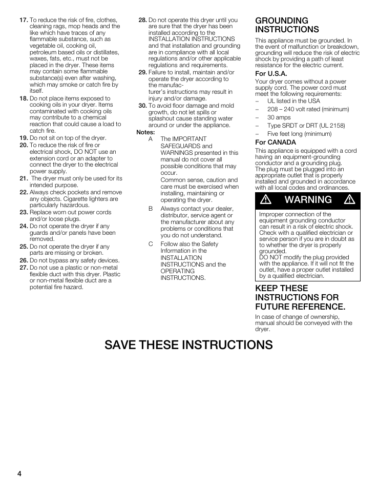 Save these instructions, Warning, Grounding instructions | Keep these instructions for future reference | Siemens 27 Electric Dryer User Manual | Page 4 / 64