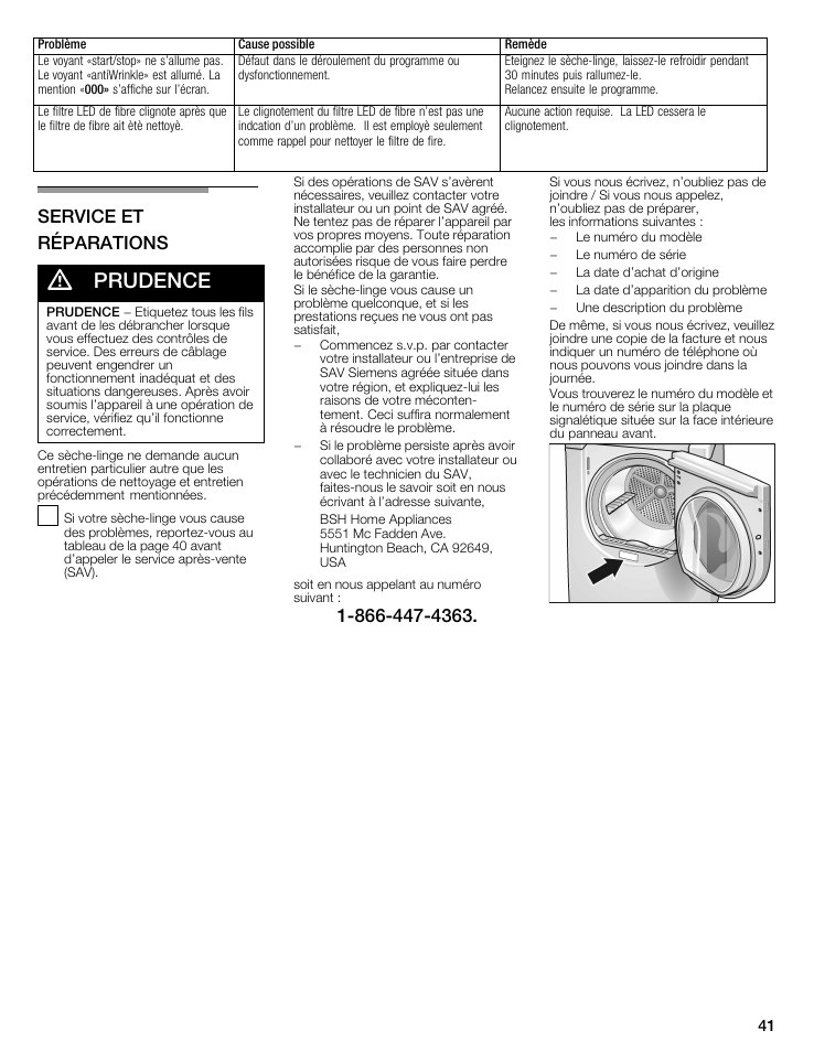 Prudence, Service et réparations | Siemens 27 Electric Dryer User Manual | Page 41 / 64