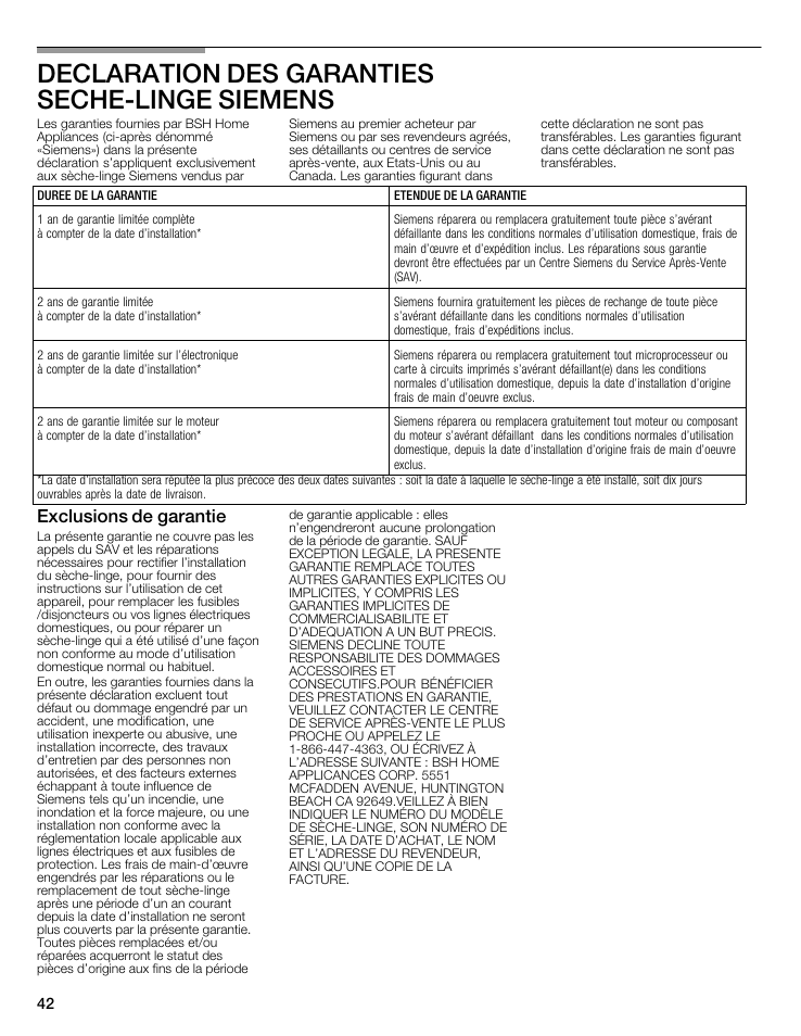 Declaration des garanties sechećlinge siemens, Exclusions de garantie | Siemens 27 Electric Dryer User Manual | Page 42 / 64