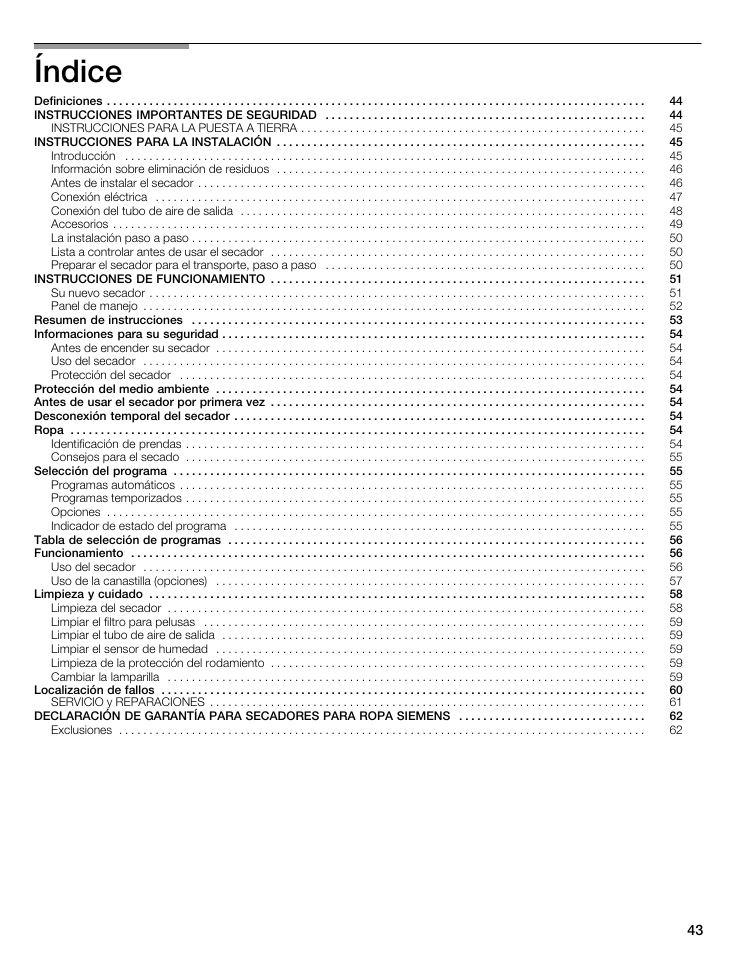 Índice | Siemens 27 Electric Dryer User Manual | Page 43 / 64