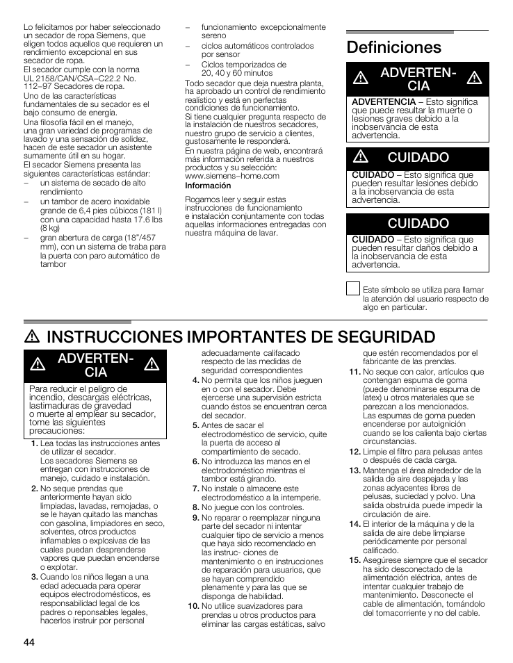 Definiciones d, D instrucciones importantes de seguridad d, Advertenć cia | Cuidado | Siemens 27 Electric Dryer User Manual | Page 44 / 64