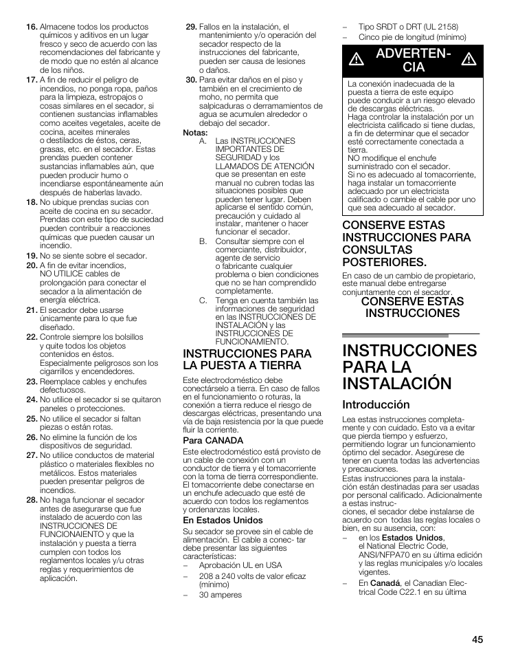 Instrucciones para la instalación, Advertenć cia, Instrucciones para la puesta a tierra | Conserve estas instrucciones, Introducción | Siemens 27 Electric Dryer User Manual | Page 45 / 64