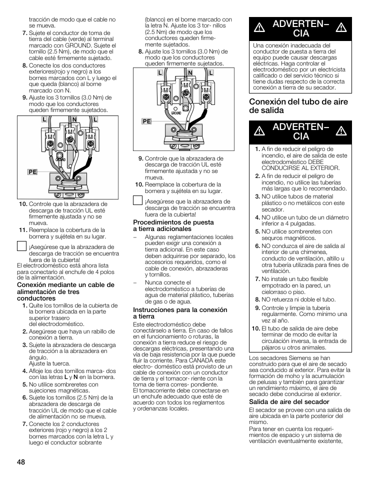 Adverten- cia, Conexión del tubo de aire de salida | Siemens 27 Electric Dryer User Manual | Page 48 / 64