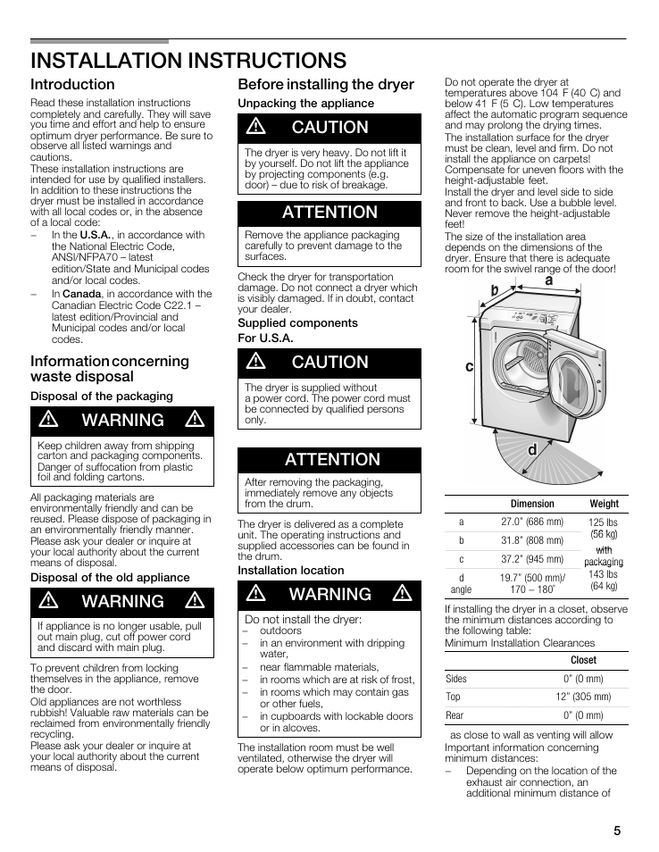 Installation instructions, Warning, Caution | Attention, Introduction, Information concerning waste disposal, Before installing the dryer | Siemens 27 Electric Dryer User Manual | Page 5 / 64