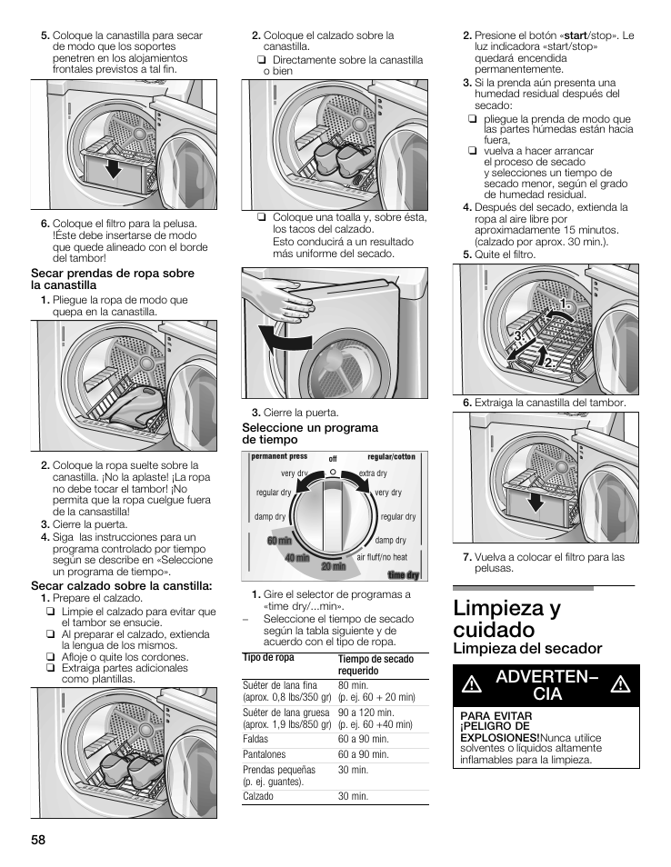 Limpieza y cuidado, Adverten- cia, Limpieza del secador | Siemens 27 Electric Dryer User Manual | Page 58 / 64