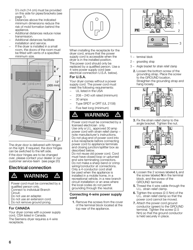 Warning, Electrical connection | Siemens 27 Electric Dryer User Manual | Page 6 / 64