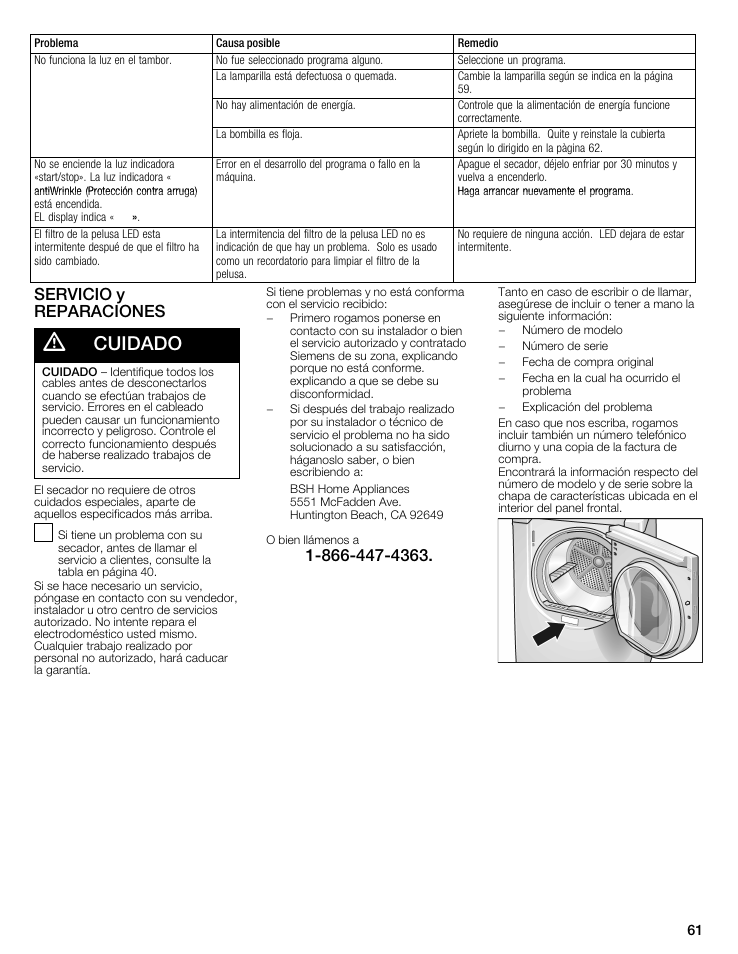 Cuidado, Servicio y reparaciones | Siemens 27 Electric Dryer User Manual | Page 61 / 64