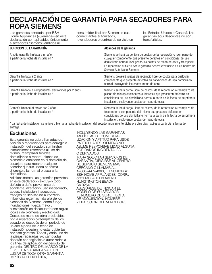 Exclusiones | Siemens 27 Electric Dryer User Manual | Page 62 / 64