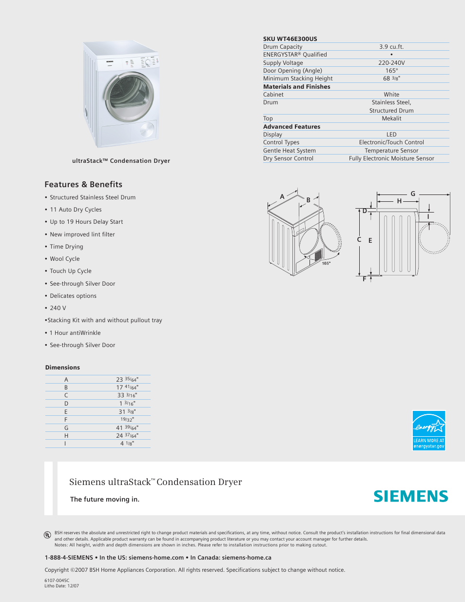 Siemens 24 Stackable Condensation Dryer User Manual | 1 page