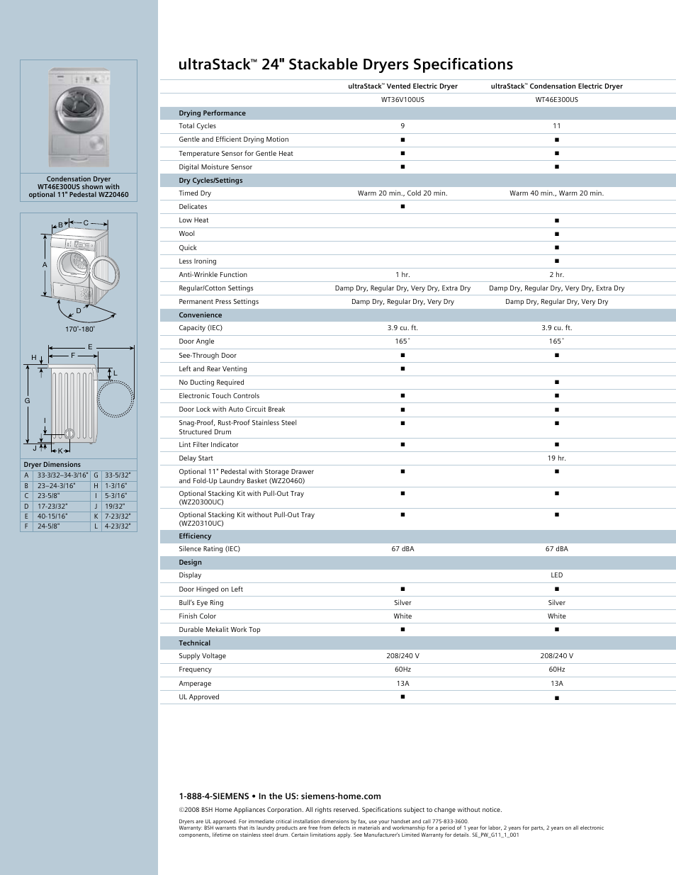 Ultrastack, 24" stackable dryers specifications | Siemens 24 Stackable Condensation Dryer User Manual | Page 2 / 2