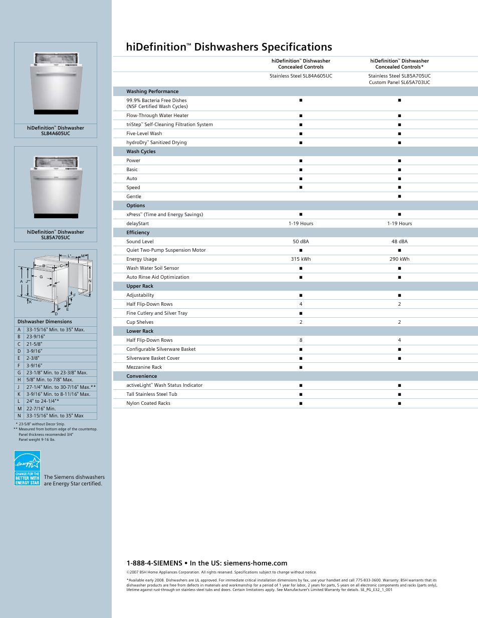 Hidefinition, Dishwashers specifications | Siemens hiDefinition 48 dBA Dishwasher User Manual | Page 2 / 2