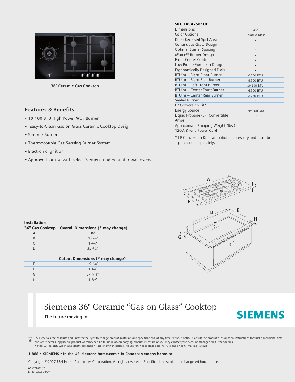 Siemens 36inc Ceramic Gas on Glass Cooktop User Manual | 1 page