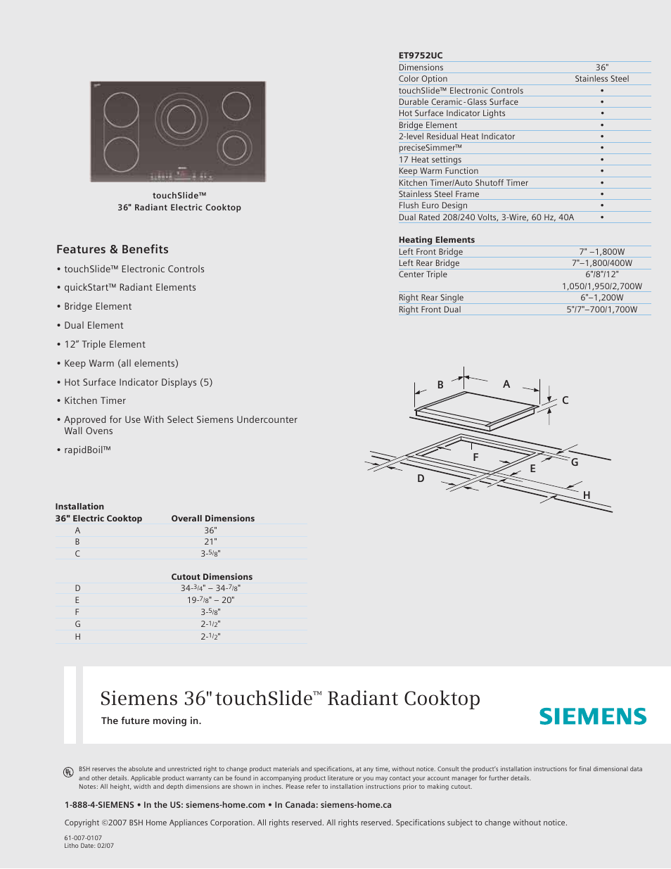 Siemens 36inc Electric Cooktop User Manual | 1 page