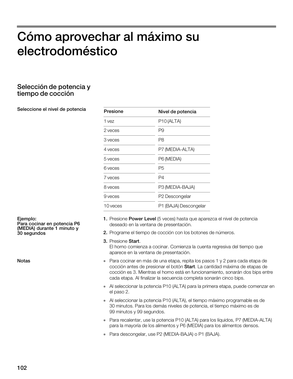 Cómo aprovechar al máximo su electrodoméstico, Selección de potencia y tiempo de cocción | Siemens 30 Convection Microwave User Manual | Page 102 / 136