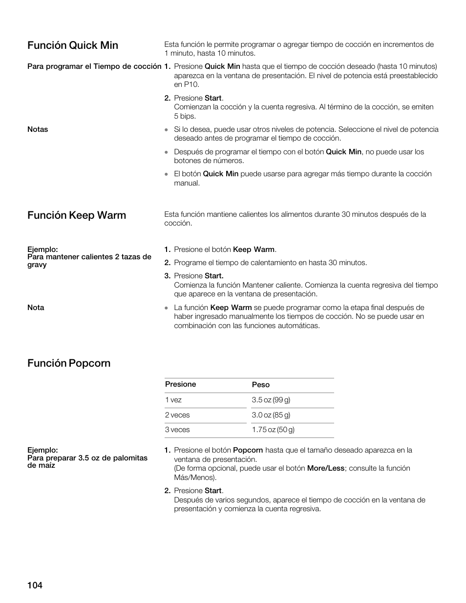 Función quick min, Función keep warm, Función popcorn | Siemens 30 Convection Microwave User Manual | Page 104 / 136