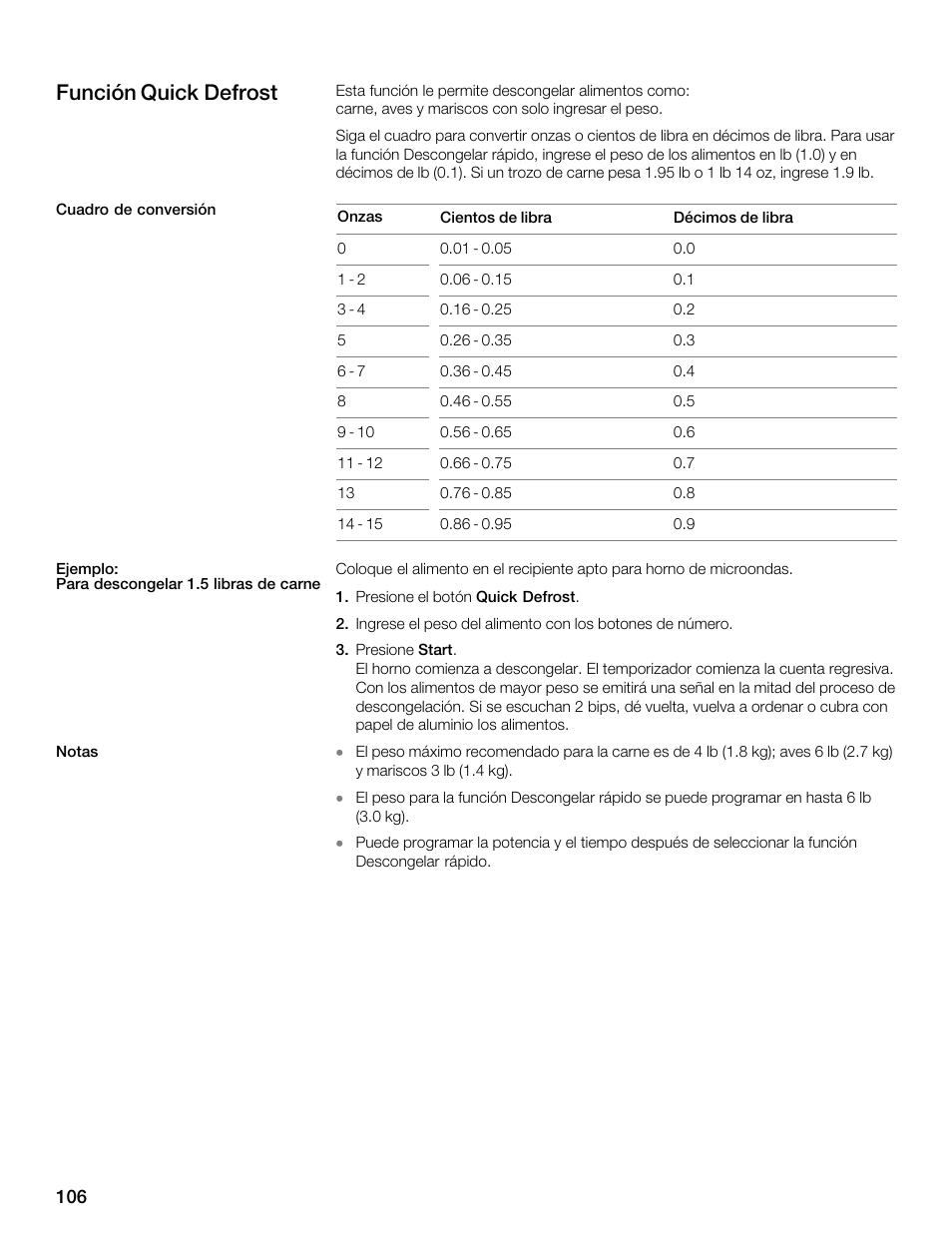 Función quick defrost | Siemens 30 Convection Microwave User Manual | Page 106 / 136