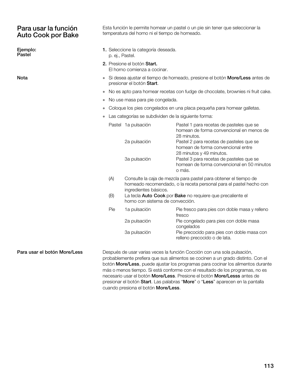 Para usar la función auto cook por bake | Siemens 30 Convection Microwave User Manual | Page 113 / 136