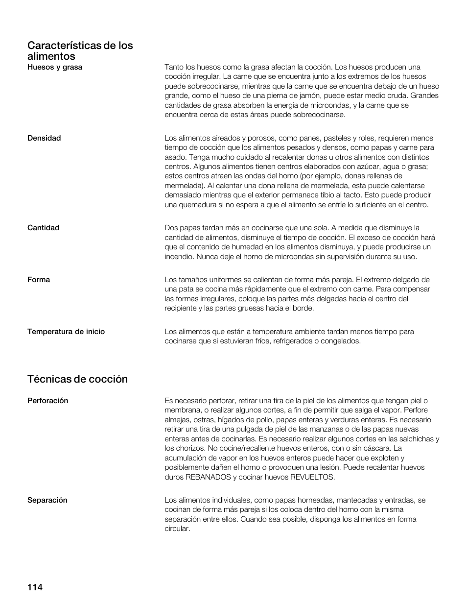 Características de los alimentos, Técnicas de cocción | Siemens 30 Convection Microwave User Manual | Page 114 / 136