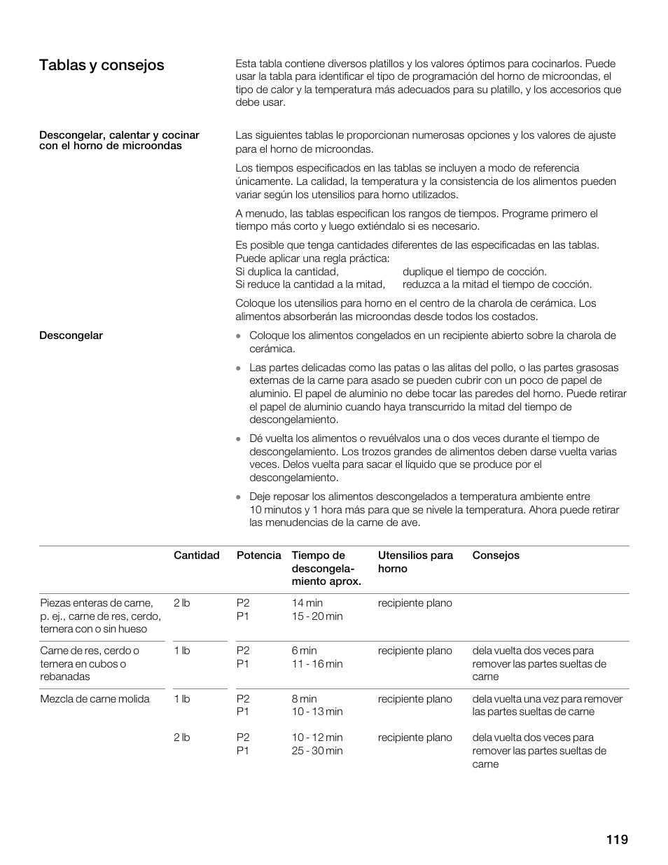 Tablas y consejos | Siemens 30 Convection Microwave User Manual | Page 119 / 136