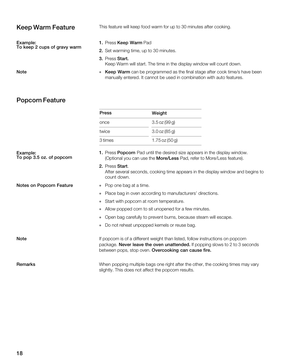 Keep warm feature, Popcorn feature | Siemens 30 Convection Microwave User Manual | Page 18 / 136