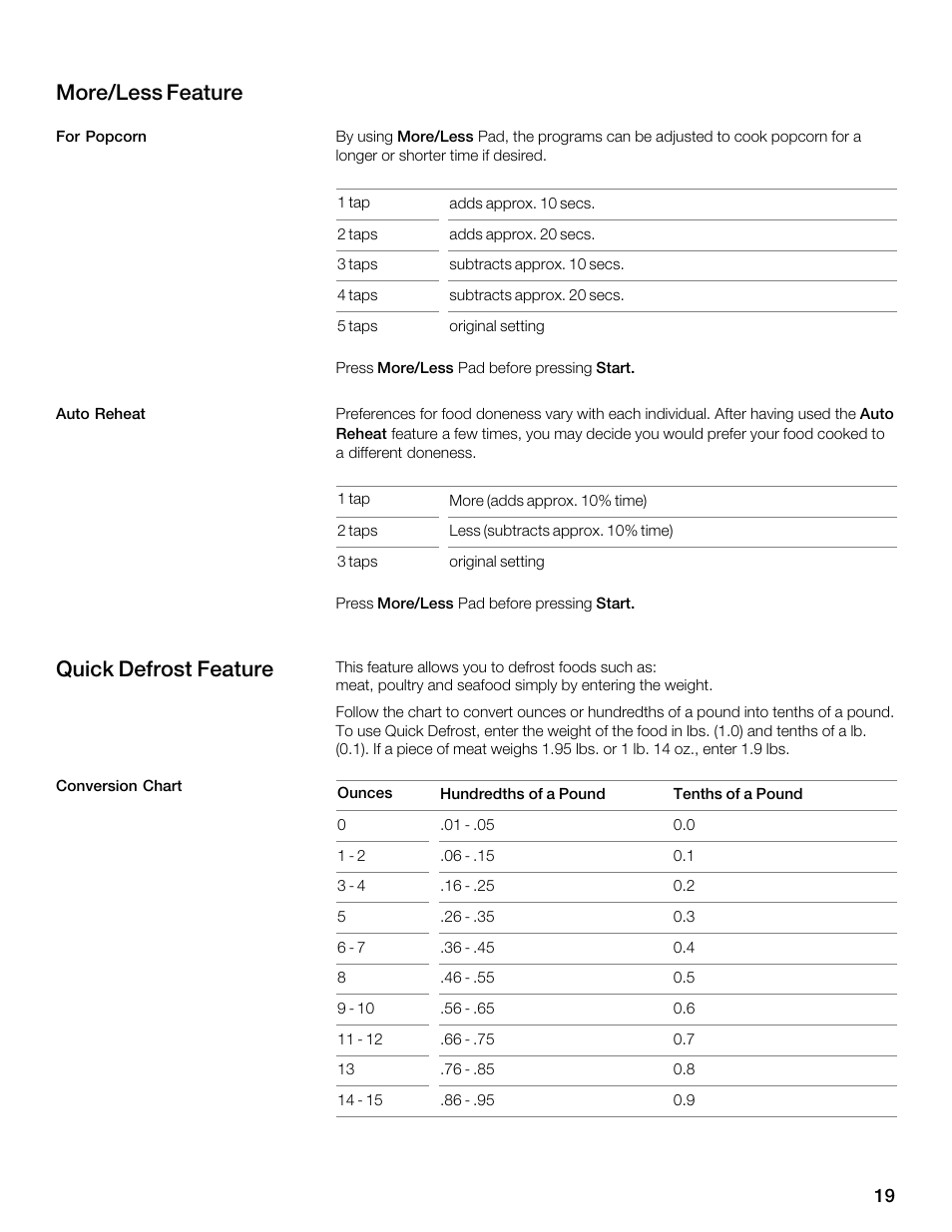 More/less feature, Quick defrost feature | Siemens 30 Convection Microwave User Manual | Page 19 / 136