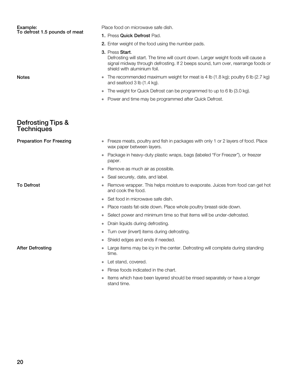 Defrosting tips & techniques | Siemens 30 Convection Microwave User Manual | Page 20 / 136