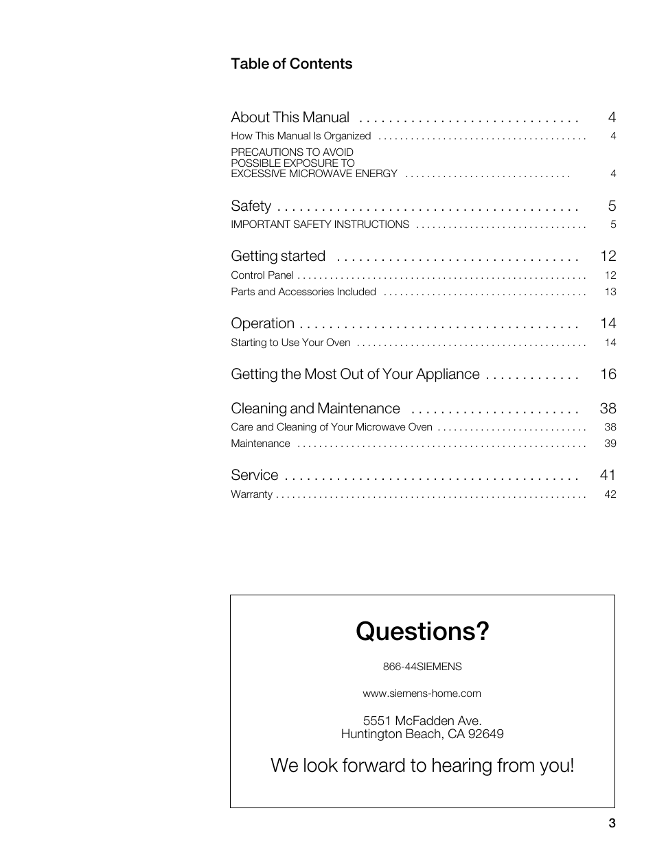 Questions, We look forward to hearing from you | Siemens 30 Convection Microwave User Manual | Page 3 / 136