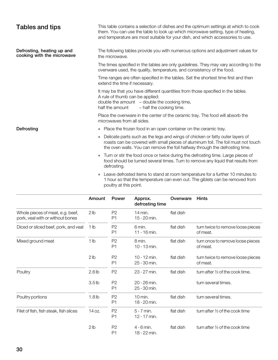 Tables and tips | Siemens 30 Convection Microwave User Manual | Page 30 / 136