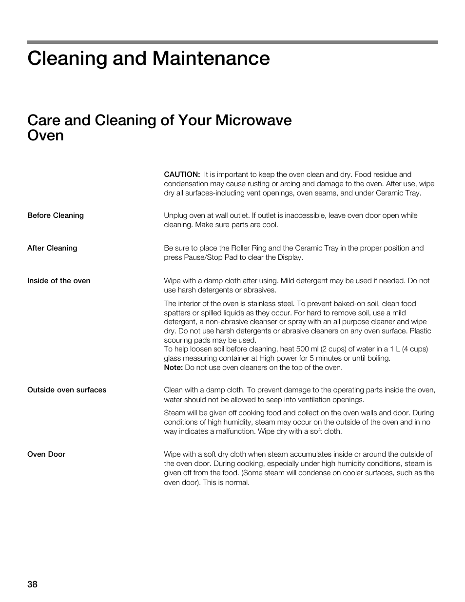 Cleaning and maintenance, Care and cleaning of your microwave oven | Siemens 30 Convection Microwave User Manual | Page 38 / 136